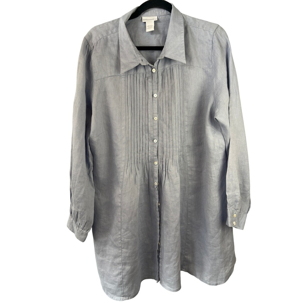 Soft Surroundings Chambray Linen Tunic Top SZ XL Pintuck Pleats Roll Tab Sleeves